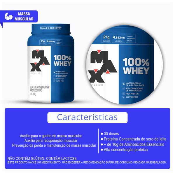 Combo 100% Whey 900g, Creatina Monohidratada 120 Cápsulas e Bcaa 60 Cápsulas - Max Titanium Imagem de Combo 100% Whey 900g, Creatina Monohidratada 120 Cápsulas e Bcaa 60 Cápsulas - Max Titanium