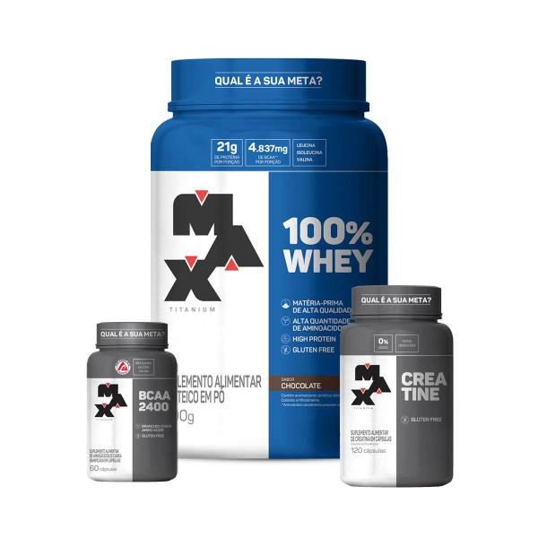 Combo 100% Whey 900g, Creatina Monohidratada 120 Cápsulas e Bcaa 60 Cápsulas - Max Titanium Imagem de Combo 100% Whey 900g, Creatina Monohidratada 120 Cápsulas e Bcaa 60 Cápsulas - Max Titanium