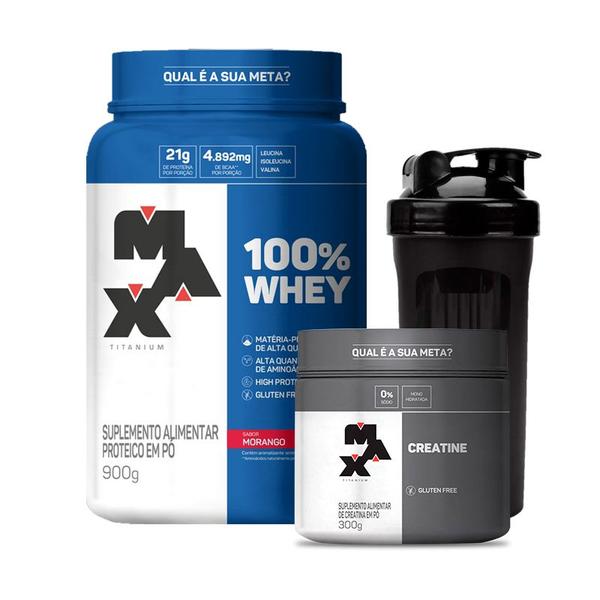 Imagem de Combo 100% Whey Pote 900g, Creatina Monohidratada 300g e Coqueteleira 700mL - Max Titanium 