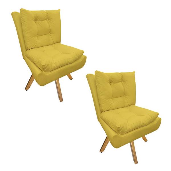 Imagem de Combo 2 Poltrona Decorativa Com Base Giratória de Madeira Karen Suede Amarelo DL Decor