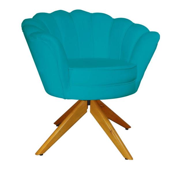 Imagem de Combo 2 Poltronas Decorativa Com Base Giratória de Madeira Pétala Suede Azul Turquesa - DL Decor