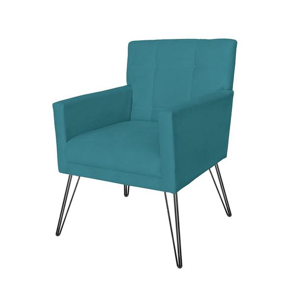 Imagem de Combo 2 Poltronas Estofadas Para Recepção Pés de Ferro Luiza Suede Azul Turquesa - DL Decor