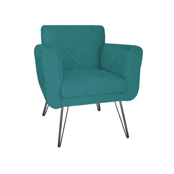 Imagem de Combo 2 Poltronas Estofadas Sala Comercial Pés de Ferro Isabella Suede Azul Turquesa - DL Decor