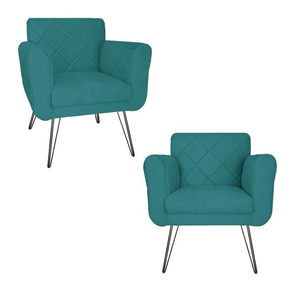 Imagem de Combo 2 Poltronas Estofadas Sala Comercial Pés de Ferro Isabella Suede Azul Turquesa - DL Decor