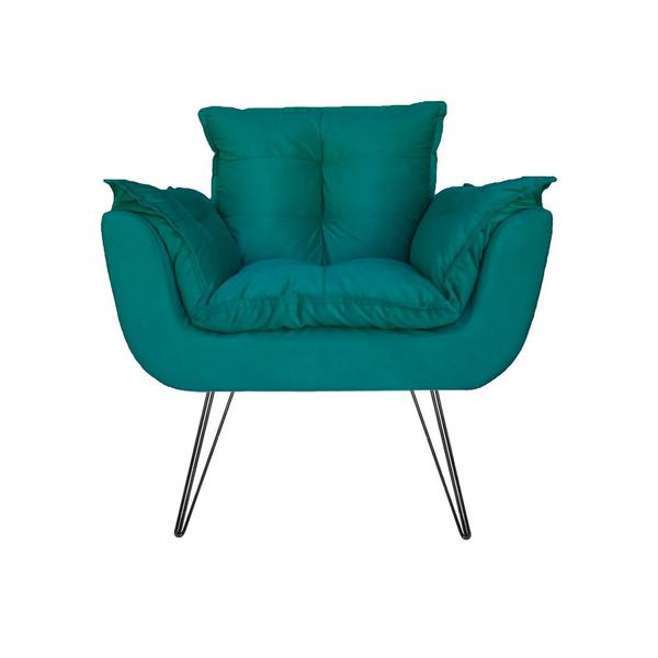 Imagem de Combo 2 Poltronas Estofadas Sala Comercial Pés de Ferro Opala Suede Azul Turquesa - DL Decor