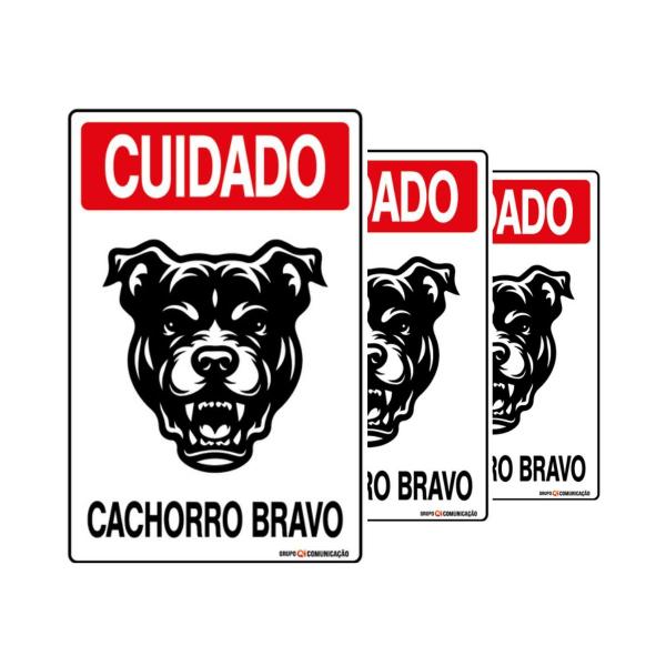 Imagem de Combo 3 Placas De Sinalização Cuidado Cachorro Bravo 20x30 Qi Comunicação - P-6 Q1a