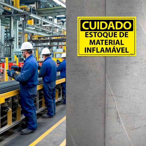 Imagem de Combo 3 Placas De Sinalização Cuidado Estoque De Material Inflamável 30x20 Ecom IA - SC53 F9e