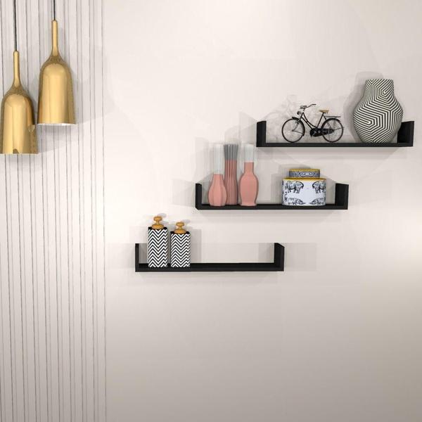 Combo 3 Prateleiras em U Preto mdf 1000x200mm Com Suporte Invisivel - JWS360º Imagem de Combo 3 Prateleiras em U Preto mdf 1000x200mm Com Suporte Invisivel