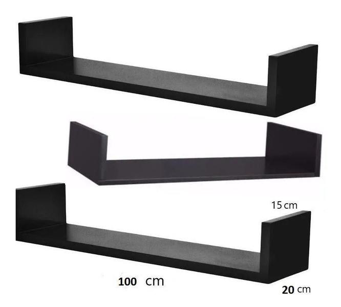 Combo 3 Prateleiras em U Preto mdf 1000x200mm Com Suporte Invisivel - JWS360º Imagem de Combo 3 Prateleiras em U Preto mdf 1000x200mm Com Suporte Invisivel