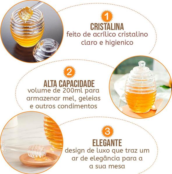 Imagem de Combo Açucareiro com colher e tampa Cristalino em Acrilico Estilo Colmeia Porta açúcar e Meleira Porta Mel Com Colher Cor Cristal Acrílico 