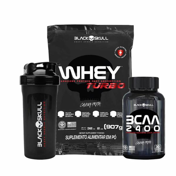 Combo black (whey turbo 907g +bcaa 2400 30+shakeira) - black skull Imagem de Combo black (whey turbo 907g +bcaa 2400 30+shakeira) - black skull