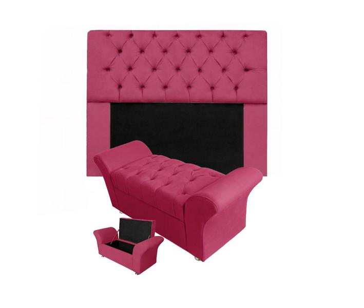 Imagem de Combo Cabeceira Mirage e Calçadeira Baú Veneza Queen 160 cm Suede Rosa Pink - DL Decor