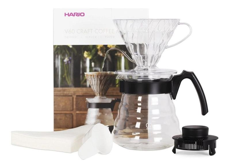 Imagem de Combo Cafeteira Hario V60 Preta + Suporte Acrilico + Dosador + 40 Filtros + Chaleira Inox 700ml Pescoço de Ganso Fpro