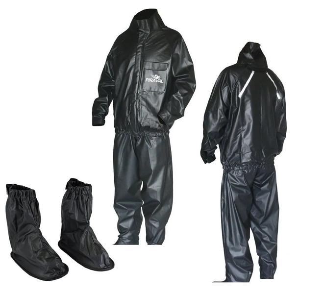 Combo Capa Roupa Chuva Bolso Piraval Pvc Preta Moto Motoqueiro + Polaina Galocha Imagem de Combo Capa Roupa Chuva Bolso Piraval Pvc Preta Moto Motoqueiro + Polaina Galocha