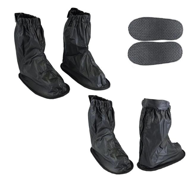 Imagem de Combo Capa Roupa Chuva + Capuz Touca Ninja + Polaina Galocha Vestimenta Vestuário Jaqueta Calça Pantaneiro Pvc Preta Moto Motoqueiro