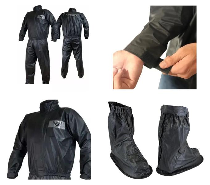 Imagem de Combo Capa Roupa Chuva + Polaina Galocha Vestimenta Vestuário Jaqueta Calça Fly Pvc Preta Moto Motoqueiro