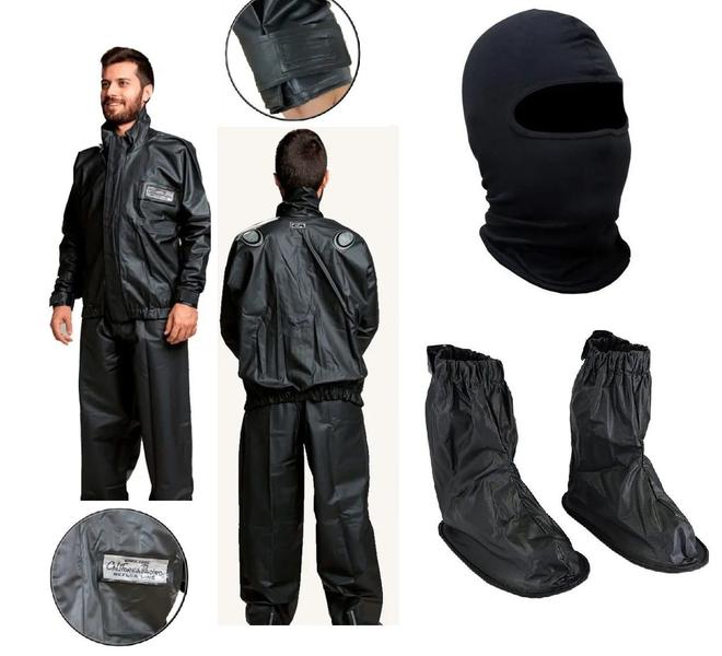 Imagem de Combo Capa Roupa Chuva Vestimenta Jaqueta Calça Cr Califórnia Pvc Moto Motoqueiro + Polaina + Capuz + Luva Fit Touch Screen X11