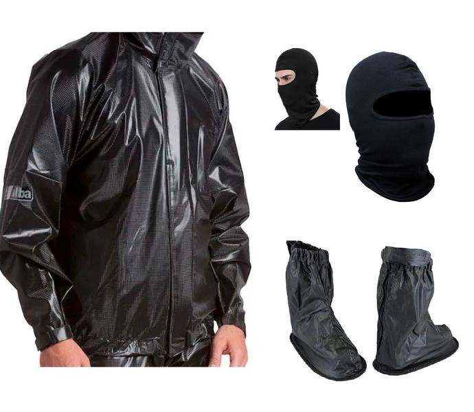 Imagem de Combo Capa Roupa Chuva Vestimenta Vestuário Jaqueta Calça Alba Daytona Pvc Preta Moto Motoqueiro + Polaina Galocha + Capuz Ninja Frio Inverno