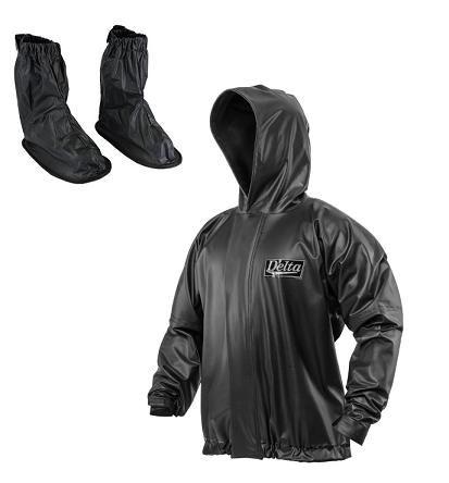 Imagem de Combo Capa Roupa Chuva Vestimenta Vestuário Jaqueta Calça Delta Pvc Preta Moto Motoqueiro Com CAPUZ TOUCA + Polaina Galocha