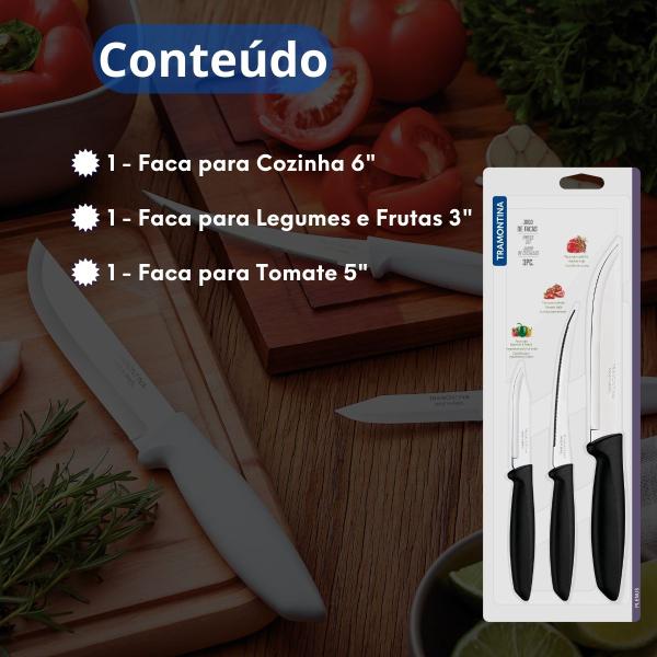 Imagem de Combo Conjunto Kit Jogo de 3 unidades Facas para Churrasco Carne Legumes Cozinha Pão Sushi Tramontina Plenus Afiável Não Enferruja Facil de Limpar Moderno Tradicional Elegante