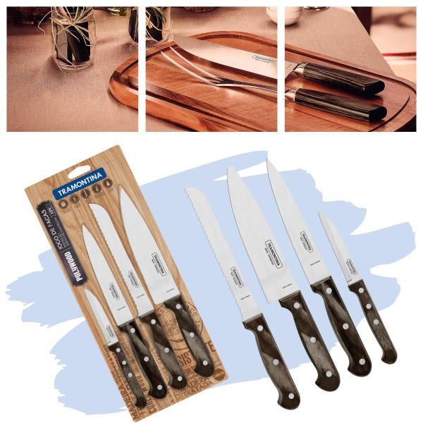 Combo Conjunto Kit Jogo de 4 unidades Facas para Churrasco Carne Legumes Cozinha Pão Sushi Tramontina Madeira Polywood Afiável Não Enferruja Facil de Limpar Moderno Tradicional Elegante com Suporte Imagem de Combo Conjunto Kit Jogo de 4 unidades Facas para Churrasco Carne Legumes Cozinha Pão Sushi Tramontina Madeira Polywood Afiável Não Enferruja Facil de Limpar Moderno Tradicional Elegante com Suporte