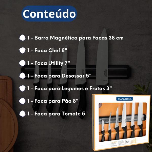 Imagem de Combo Conjunto Kit Jogo de 7 Facas para Churrasco Carne Legumes Cozinha Pão Sushi Tramontina Affilata Afiável Não Enferruja Facil de Limpar Moderno Tradicional Elegante