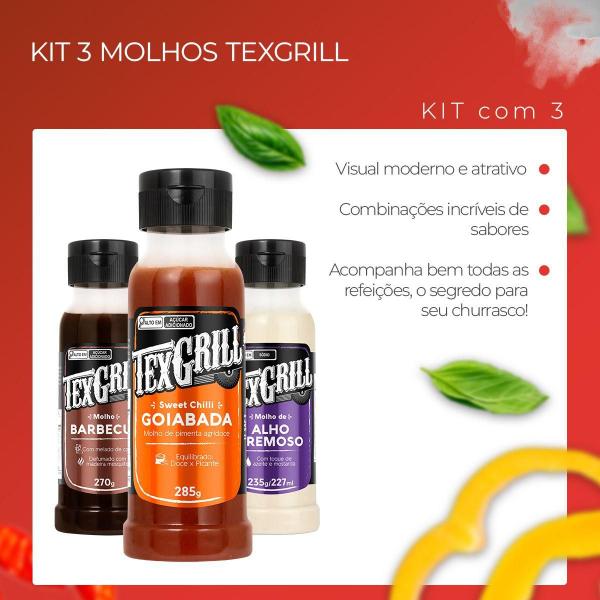 Combo de Molhos Sabor Alho + Barbecue + Pimenta Agridoce Churrasco da Texgrill Imagem de Combo de Molhos Sabor Alho + Barbecue + Pimenta Agridoce Churrasco da Texgrill