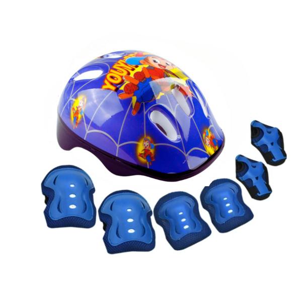 Imagem de Combo de Segurança Infantil Capacete e Kit Azul para Bicicleta e Skate Proteção Completa