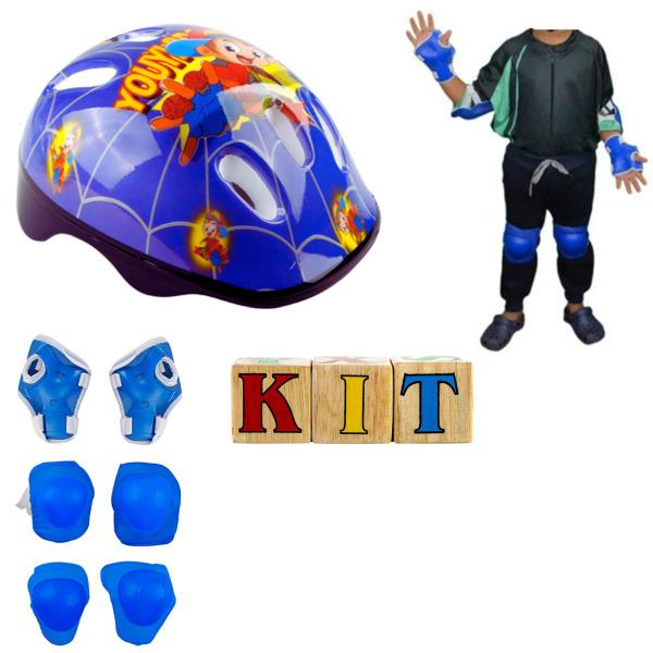 Imagem de Combo de Segurança Infantil Capacete e Kit Azul para Bicicleta e Skate Proteção Completa