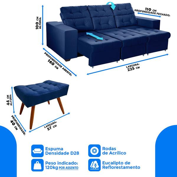 Imagem de Combo de Sofá 3 Lugares Itália Plus 2,25m Retrátil Reclinável com 2 Puffs Pés Palito Suede Azul -Sofá na Web