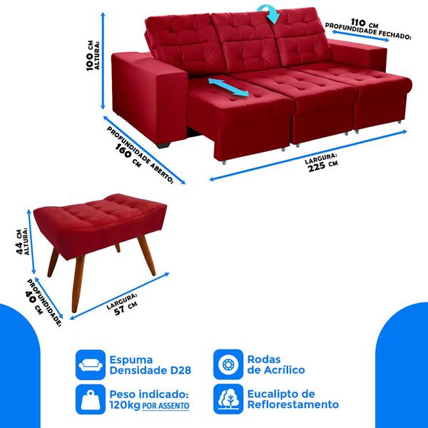 Imagem de Combo de Sofá 3 Lugares Itália Plus 2,25m Retrátil Reclinável com 2 Puffs Pés Palito Suede Vermelho -Sofá na Web