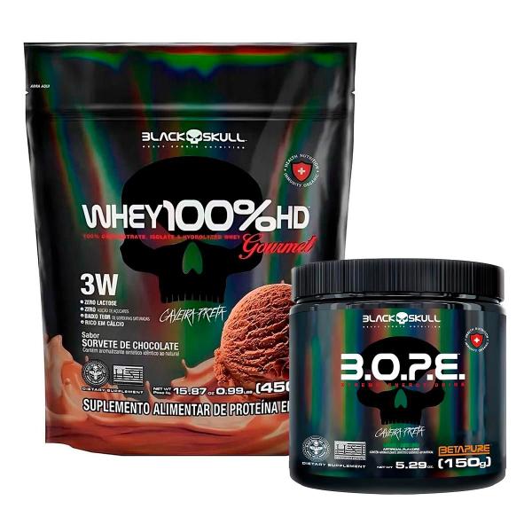 Imagem de Combo de Suplementos Whey Protein Gourmet 100% HD + Pré Treino B.O.P.E. - Black Skull