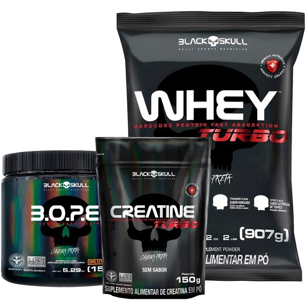 Imagem de Combo de Suplementos Whey Protein Turbo 907g + Pré Treino B.O.P.E. + Creatina Turbo - Black Skull