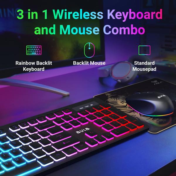 Imagem de Combo de teclado e mouse AULA Wireless RGB retroiluminado recarregável