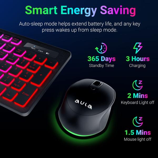 Imagem de Combo de teclado e mouse AULA Wireless RGB retroiluminado recarregável