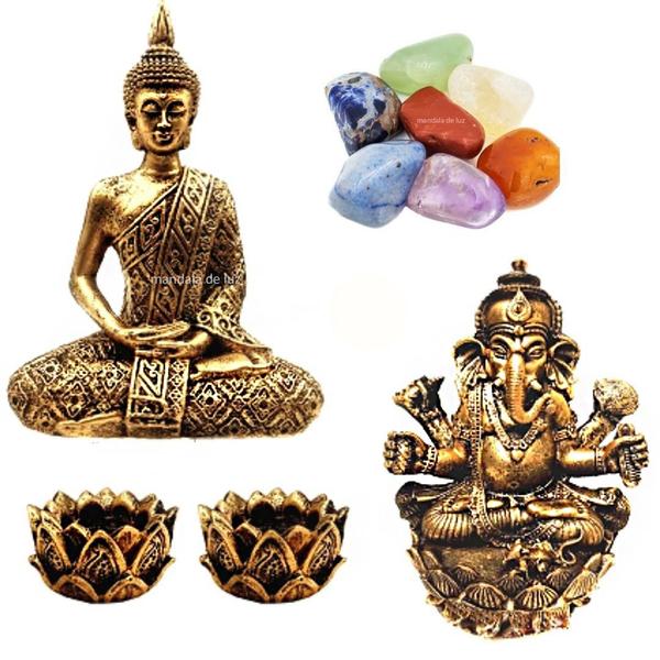 Combo Estátuas de Ganesha e Buda + Kit 7 Pedras dos Chakras + 2 Castiçais - Mandala de Luz Imagem de Combo Estátuas de Ganesha e Buda + Kit 7 Pedras dos Chakras + 2 Castiçais