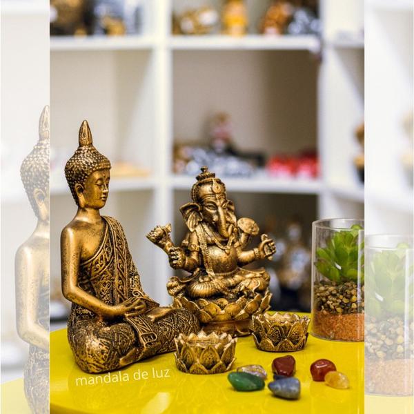 Combo Estátuas de Ganesha e Buda + Kit 7 Pedras dos Chakras + 2 Castiçais - Mandala de Luz Imagem de Combo Estátuas de Ganesha e Buda + Kit 7 Pedras dos Chakras + 2 Castiçais