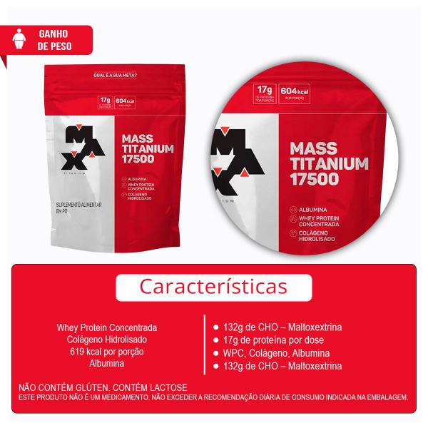 Imagem de Combo Mass 17500 Refil 1,4kg, Creatina MonoHidratada 300g e Coqueteleira 700ml - Max Titaium