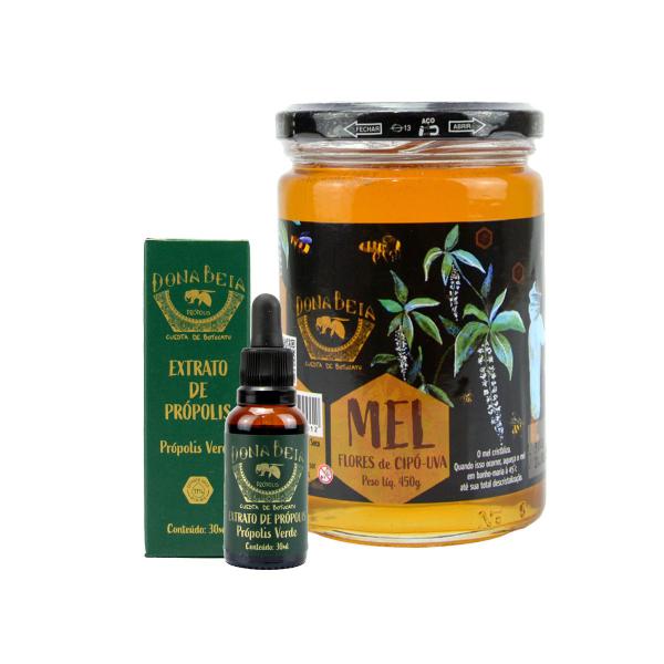 Imagem de Combo Mel Puro Florada Cipo Uva 450g Extrato Propolis Verde 30ml Dona Beia