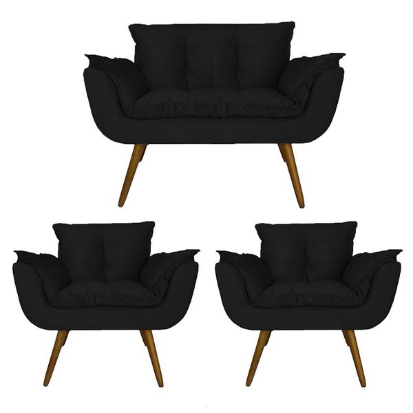 Imagem de Combo Namoradeira e 2 Poltronas Estofadas Salão de Beleza Opala Suede Preto - DL Decor