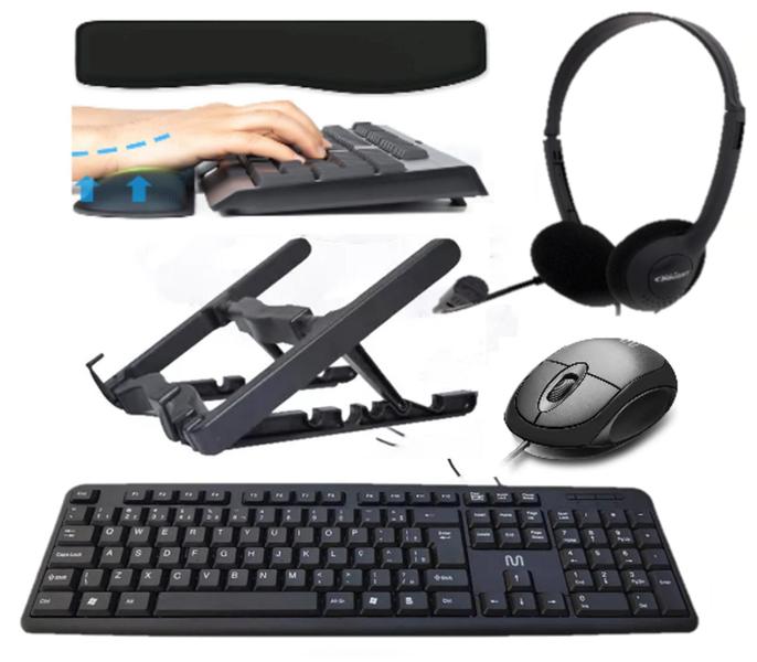 Imagem de Combo Office - Suporte Note, Headset, Teclado e Mouse com fio, Apoio para Teclado