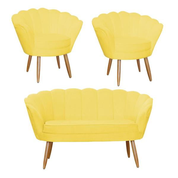 Imagem de Combo Pétala Namoradeira e 2 Poltronas Decorativa Estofada Suede Amarelo - DL Decor