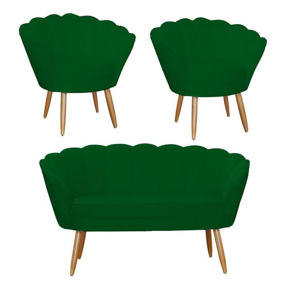 Imagem de Combo Pétala Namoradeira e 2 Poltronas Decorativa Estofada Suede Verde - DL Decor