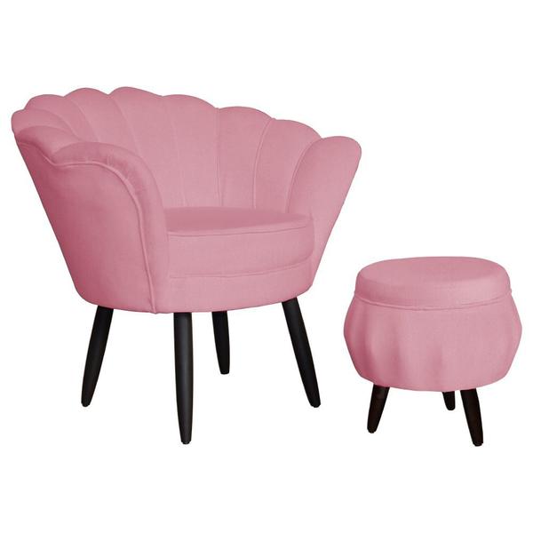 Imagem de Combo Poltrona Decorativa E Puff Para Recepção Pétala Suede Rosa Barbie - DL Decor