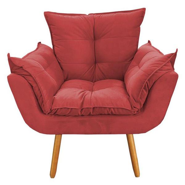 Imagem de Combo Poltrona Decorativa Opalla Mais Puff Pés Palito Suede Vermelho - DS Estofados