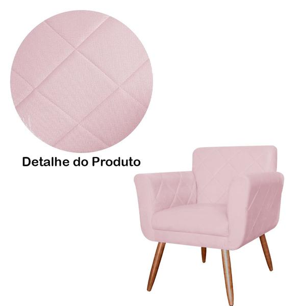 Imagem de Combo Poltrona mais Puff Isabela em Tressê Pés Palito Suede Rosa Bebê - DS Estofados