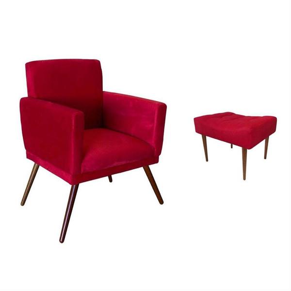 Imagem de Combo Poltrona Nina e Puff Retangular Pés Madeira Suede Vermelho - DS Estofados