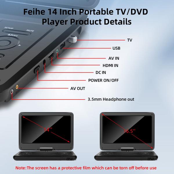 Imagem de Combo portátil de TV/DVD Player Feihe de 16,5 polegadas com tela de 14 polegadas