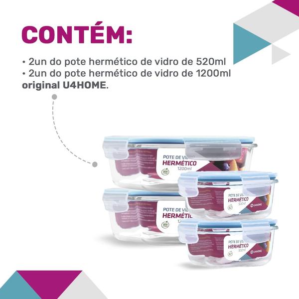 Imagem de Combo Potes Quadrados 2un 520ml + 2un 1200ml