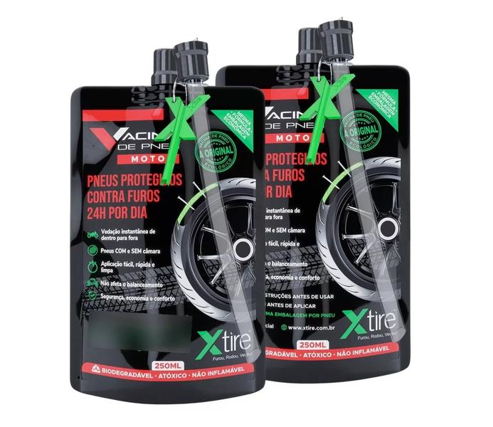 Imagem de Combo Selante Prevenção Anti Furo Para Pneu Câmara Xtire Moto Cg Titan Fan Bros Lander Fazer Cb Xj6 Hornet - 2 Saches 250ml